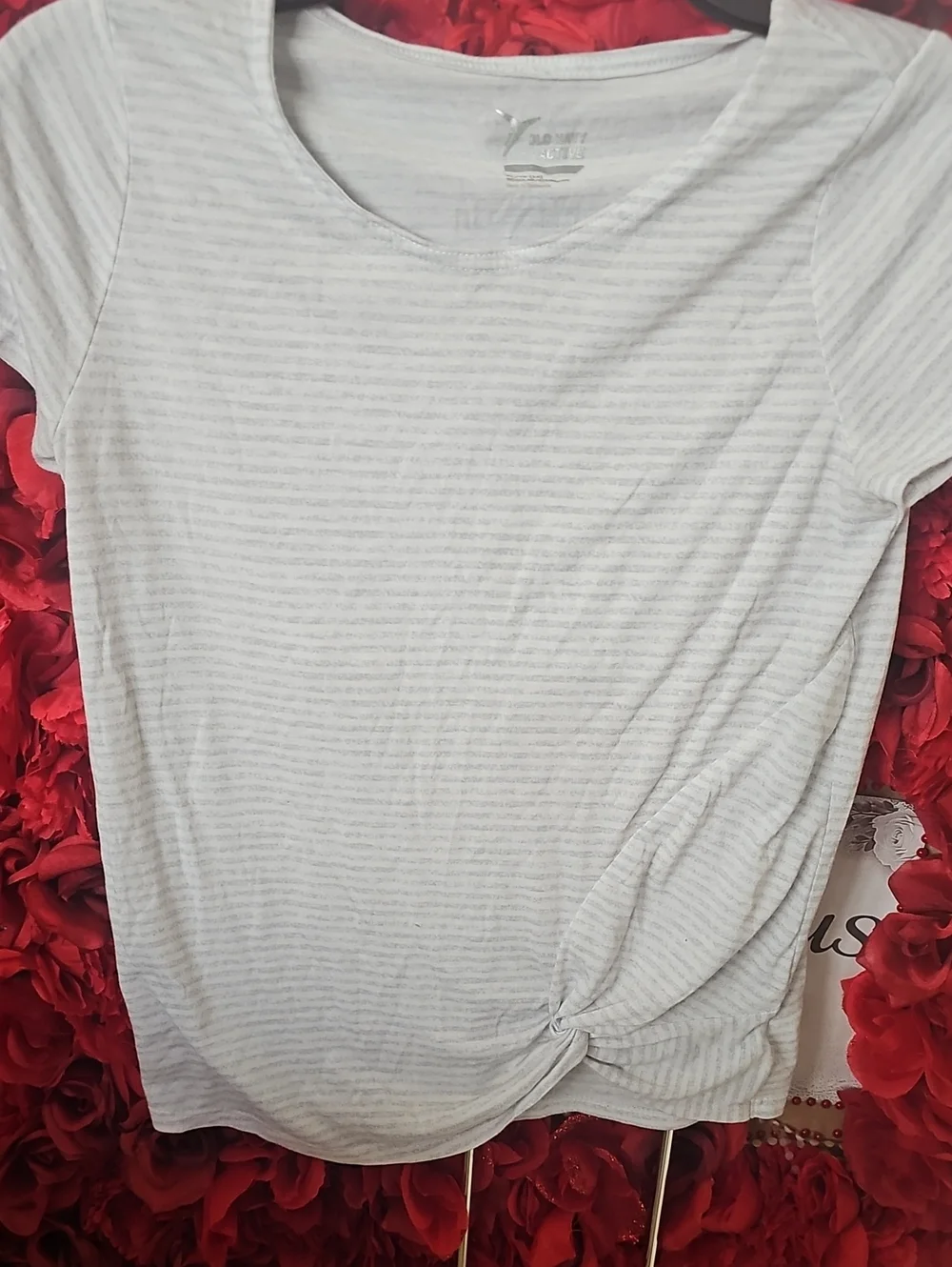 Old Navy Active Girls Light Gray Striped Knot-Front Short Sleeve Tee Size 14